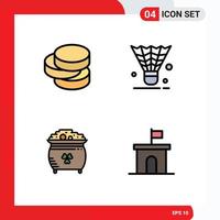 Pictogram Set of 4 Simple Filledline Flat Colors of cash coin badminton shuttlecock pot Editable Vector Design Elements