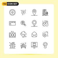 Modern Set of 16 Outlines Pictograph of graphic design location sound microphone Editable Vector Design Elements