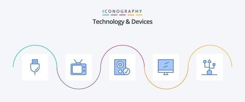 Paquete de 5 iconos azules de dispositivos que incluye dispositivos. Mac. ordenadores. mostrar. altavoz vector