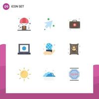Pack of 9 creative Flat Colors of network world bag hand laptop Editable Vector Design Elements