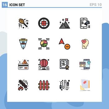 User Interface Pack of 16 Basic Flat Color Filled Lines of mobile advertising media target digital campaign mission Editable Creative Vector Design Elements