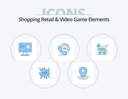 Shoping Retail And Video Game Elements Blue Icon Pack 5 Icon Design. shopping. trolly. computer . ringing. telephone vector