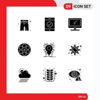 Set of 9 Vector Solid Glyphs on Grid for spider bug imac tape reel Editable Vector Design Elements