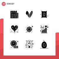 conjunto de 9 paquetes comerciales de glifos sólidos para elementos de diseño vectorial editables de bolsa de corazón de conejo de amor musical vector