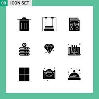 Set of 9 Commercial Solid Glyphs pack for diamond server graph data storage document Editable Vector Design Elements