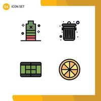 Mobile Interface Filledline Flat Color Set of 4 Pictograms of battery tennis low dustbin food Editable Vector Design Elements