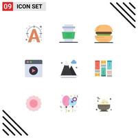 Set of 9 Vector Flat Colors on Grid for activities play drink multimedia food Editable Vector Design Elements