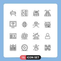 Universal Icon Symbols Group of 16 Modern Outlines of pulse heart interview usa landmark Editable Vector Design Elements