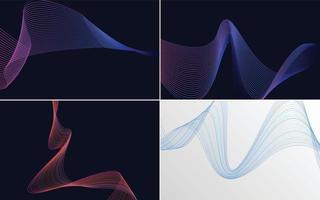 Set of 4 geometric wave pattern background Abstract waving line vector