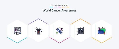 paquete de iconos de 25 líneas completas de concientización mundial sobre el cáncer que incluye. comunicación. ADN chat. escala vector