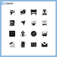 Universal Icon Symbols Group of 16 Modern Solid Glyphs of programming coding bench police security police Editable Vector Design Elements