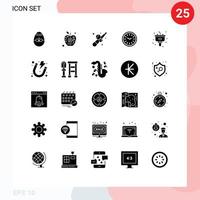 Mobile Interface Solid Glyph Set of 25 Pictograms of time dinner digital clock game Editable Vector Design Elements