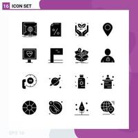 Group of 16 Modern Solid Glyphs Set for monitor pin growth marker location Editable Vector Design Elements