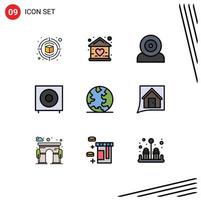 Pack of 9 Modern Filledline Flat Colors Signs and Symbols for Web Print Media such as products devices house bass hardware Editable Vector Design Elements