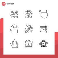 Group of 9 Modern Outlines Set for search find bomb love emotion Editable Vector Design Elements