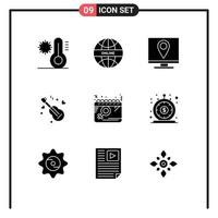 Group of 9 Solid Glyphs Signs and Symbols for calendar music address song page Editable Vector Design Elements