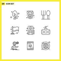 Mobile Interface Outline Set of 9 Pictograms of cable car text baby marketing flag Editable Vector Design Elements