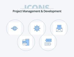 gestión y desarrollo de proyectos paquete de iconos azules 5 diseño de iconos. lista. presupuesto. conversaciones producción. desarrollo vector