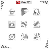 Pack of 9 Modern Outlines Signs and Symbols for Web Print Media such as education e handbag diploma wedding Editable Vector Design Elements