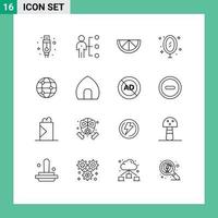 Group of 16 Outlines Signs and Symbols for world globe lemon reflection mirror Editable Vector Design Elements