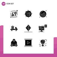 Set of 9 Commercial Solid Glyphs pack for leaf truck business send delivery Editable Vector Design Elements