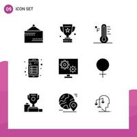 9 Thematic Vector Solid Glyphs and Editable Symbols of reading interface cloud book temperature Editable Vector Design Elements