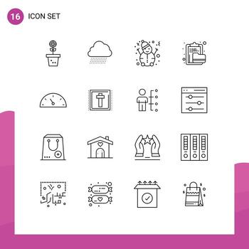 conjunto de esquema de interfaz móvil de 16 pictogramas de archivo de calibre archivo de documento de resorte elementos de diseño de vector editables