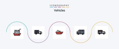 la línea de vehículos llenó el paquete de iconos planos 5 que incluye una tienda sobre ruedas. vehículos bote. transportación. autobús vector