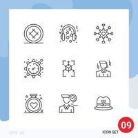 Group of 9 Modern Outlines Set for time gear mic teamwork collaboration Editable Vector Design Elements