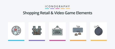 La línea de elementos de compras minoristas y videojuegos llenó un paquete de 5 íconos que incluye compras. etiqueta. tienda. Insignia. estrella. diseño de iconos creativos vector