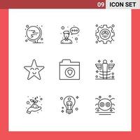 Modern Set of 9 Outlines Pictograph of folder favorite efficiency star fable Editable Vector Design Elements