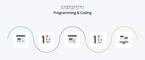 Programación y codificación paquete de iconos planos 5 que incluye computadora. aplicación desarrollar. php. desarrollo vector