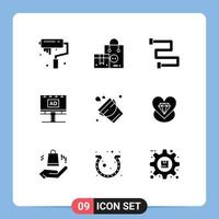 Mobile Interface Solid Glyph Set of 9 Pictograms of bucket billboard valentine banner ad Editable Vector Design Elements