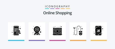 paquete de iconos de glifo 5 de compras en línea que incluye. ratón. ordenador portátil. comercio electrónico carro. diseño de iconos creativos vector