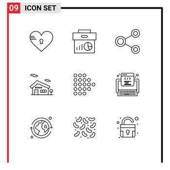 Modern Set of 9 Outlines and symbols such as house building graph social network Editable Vector Design Elements