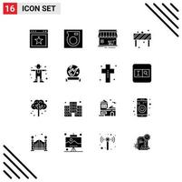 Mobile Interface Solid Glyph Set of 16 Pictograms of farming sign store road attention Editable Vector Design Elements