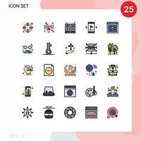 25 Thematic Vector Filled line Flat Colors and Editable Symbols of webpage browser sound video player app multimedia Editable Vector Design Elements