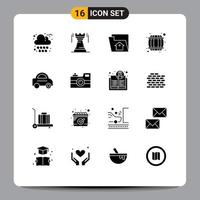 16 Universal Solid Glyphs Set for Web and Mobile Applications car container fort beer barrel service Editable Vector Design Elements