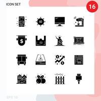 Set of 16 Modern UI Icons Symbols Signs for badges machine monitor iot coffee Editable Vector Design Elements