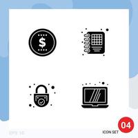 Set of 4 Vector Solid Glyphs on Grid for finance secure business lock computer Editable Vector Design Elements