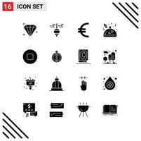 Pack of 16 Modern Solid Glyphs Signs and Symbols for Web Print Media such as degree stop euro multimedia romantic Editable Vector Design Elements