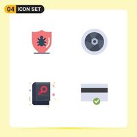 Pack of 4 creative Flat Icons of bug book protection movie read Editable Vector Design Elements