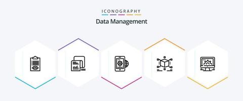 paquete de iconos de 25 líneas de gestión de datos que incluye la configuración. negocio global . datos . engranaje . vector