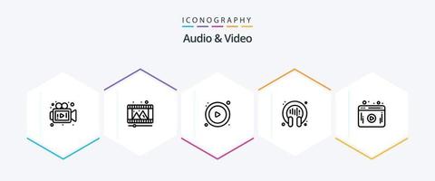 paquete de iconos de audio y video de 25 líneas que incluye . web. tocar. video. auricular vector