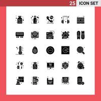 Set of 25 Vector Solid Glyphs on Grid for web laptop wine support headset Editable Vector Design Elements