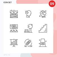 Mobile Interface Outline Set of 9 Pictograms of bench dollar solution business heart Editable Vector Design Elements