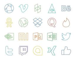 Paquete de 20 íconos de redes sociales que incluye tweet excel dropbox powerpoint nvidia vector