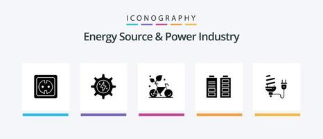 fuente de energía y paquete de iconos de glifo 5 de la industria de energía que incluye completo. batería. poder. acumulador. planta. diseño de iconos creativos vector