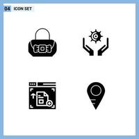 Modern Set of 4 Solid Glyphs and symbols such as bag webpage hands hold location Editable Vector Design Elements