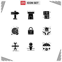 9 Universal Solid Glyphs Set for Web and Mobile Applications heart hacker locker medical bill lock success Editable Vector Design Elements